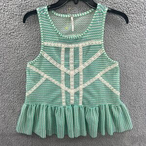 Free People Tops Women’s Green Lace Striped Peplum Sleeveless Top Size XS